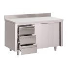 Gastro M werktafel met 3 laden links, schuifdeuren en achteropstand 88x140x70cm