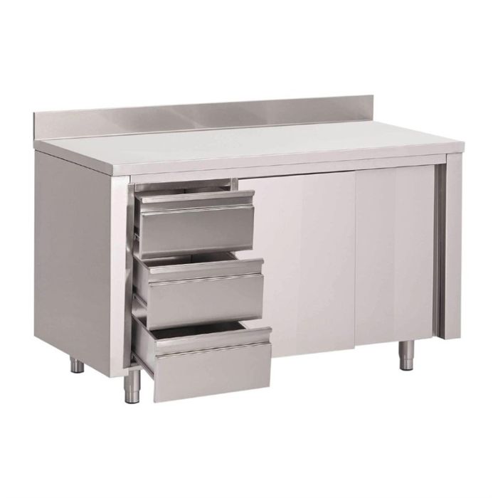 Gastro M werktafel met 3 laden links, schuifdeuren en achteropstand 88x160x70cm