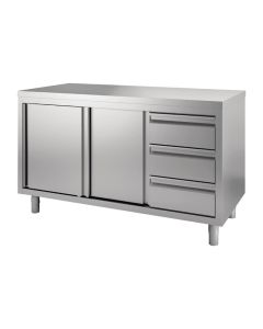 Gastro M RVS werktafel met schuifdeuren en 3 laden 88x140x70cm