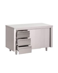 Gastro M RVS werktafel met schuifdeuren en 3 laden 88x150x70cm