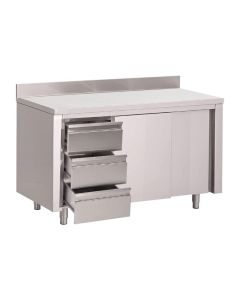 Gastro M werktafel met 3 laden links, schuifdeuren en achteropstand 88x120x70cm